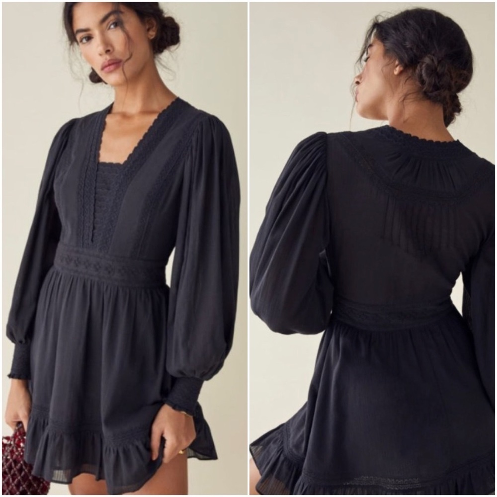 {Reformation} Elisabetta Black Lace Puff-Sleeve Mini Dress, Size 2 - Picture 11 of 11